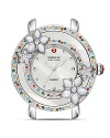 A serious luxury, for the girl who doesn't take herself too seriously. This flower-detailed Michele watch head is illuminated by diamonds and colorful gemstones, with an elegant Mother-of-Pearl dial as the complement.