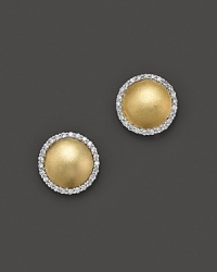 Gold earrings framed with diamond pavé, for pierced ears. Designed by Meira T.