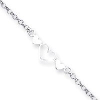 Sterling Silver Polished Triple Heart Anklet - 10 Inch - Spring Ring - JewelryWeb