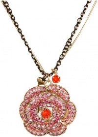 Betsey Johnson Iconic Large Pave Rose Pendant Necklace Gold Tone Pink B05864