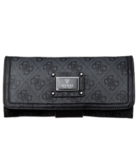 Graphic 4-G pattern and shiny silver-tone hardware lend a luxe look to this sleek silhouette from GUESS. Its precisely organized interior includes billfold compartments, card slots and center zip pocket, so your essentials stay safe and secure.