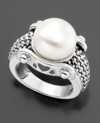 A gorgeous freshwater pearl (11 mm) rests on a bold, basket-weave band, featuring heart-shaped cutout designs at the sides. Set in sterling silver.