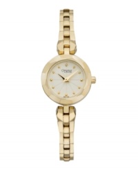 Unique angles add depth to this rich watch by Caravelle by Bulova. Gold tone bracelet and round case. Matte cream dial features applied gold tone dot markers, two hands and logo. Quartz movement. Water resistant to 30 meters. Two-year limited warranty.