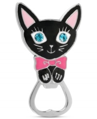 Kitty cuteness. This black cat bottle opener is crafted from silver-tone mixed metal with pink and glass crystal accents for a fun touch. Item comes packaged in a signature Betsey Johnson Gift Box. Approximate length: 3-1/2 inches.