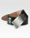 Sleek design of fine calfskin leather with engraved metal buckle.About 1½ wideMade in Italy