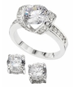 The perfect pairing of sparkle. City by City's earring and ring set is packed full of glittering round-cut cubic zirconias (6-1/4 ct. t.w.).  Ring features an intricate channel-set band and engagement ring design. Earrings feature a four prong setting. Set crafted in silver tone mixed metal. Ring size 7.