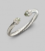 From the Silver Ice Collection. A signature cable of sterling silver, capped with soft green prasiolite and banded with pavé diamonds. Diamonds, 0.48 tcw Sterling silver Cable, 7mm Diameter, about 2¼ Made in USA