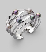 From the Ribbon Collection. Graceful ribbons, some smooth, some textured, hold lustrous pearls in a spectrum of soft shades. 10mm round white, grey and nuage man-made organic pearls Sterling silver Diameter, about 2¼ Width, about 1½ Lobster clasp Made in Spain