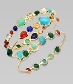 Show your true colors in this bright and bold semi-precious design set in radiant 18k gold. Dyed red agate, madeira citrine, turquoise, mother-of-pearl, gold green agate, orange citrine, chrysoprase, lapis, clear quartz, ruby and blue topaz18K goldDiameter, about 2½Slip-on styleImported Please note: Bracelets sold separately. 