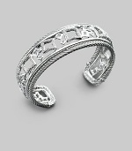 From the Cable and Tapestry Collection. A graceful cuff of sterling silver offers lacy geometric shapes outlined in pavé diamonds with cable trim. Diamonds, 0.62 tcw Sterling silver Cable, 3mm Diameter, about 2¼ Width, about ¾ Made in USA