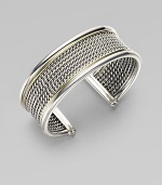 From the Wheaton Collection. A sophisticated cuff combining woven rows of sterling silver with a polished edge and accents of 18k yellow gold. Sterling silver and 18k yellow gold Diameter, about 2½ Width, about ¾ Made in USA