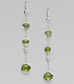 From the Silver Rain Collection. Delicate diamonds and richly colored faceted peridot within setttings of hammered sterling silver dangle delightfully from graceful chains.Diamonds, .20 tcw PeridotSterling silverDrop, about 2½Ear wireImported