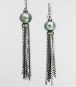 From the Midnight Pearl Collection. Gleaming chain tassels of blackened sterling silver dangle delicately from iridescent Tahitian cultured pearls with bands of diamonds above and below.Diamonds, .34 tcwTahitian pearls, 11mm-12mmSterling silverLength, about 3Ear wireImported