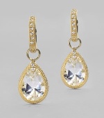 Like a crystalline dewdrop, these faceted white topaz stones, accented with diamonds, are radiant within settings of 18k yellow gold. White topaz Diamonds, 0.04 tcw 18k yellow gold Charm length, about ¾ Charm width, about ½ Jump ring bale Imported Please note: Earrings sold separately