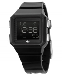 Sporty style with fantastic multifunctionality. This unisex adidas watch features a black polyurethane strap and square polycarbonate case. Logo at bezel. Digital chronograph dial with 10-lap memory, timer and alarm. Water resistant to 50 meters. Two-year warranty.