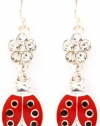 Adorable Small Dangle Enamel Ladybug Charm Earrings with Crystal Flower Accent - Silver Tone