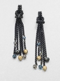 From the Chain Collection. A long elegant, blackened sterling silver box chain tassel with 18k gold, blue topaz and hematite bead details. 18k goldBlue topaz and hematiteBlackened sterling silverLength, about 1Post backImported 