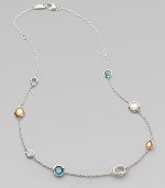 A long delicate, sterling silver link chain with beautiful semi-precious stone stations for a truly elegant look. Mother-of-pearl, honey mother-of-pearl doublet accented with clear quartz, denim mother-of-pearl doublet accented with clear quartz and clear quartzSterling silverLength, about 40Lobster clasp closureImported 