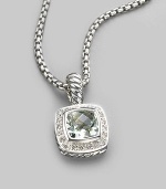 From the Petite Albion Cushion Collection. A softly hued, richly faceted prasiolite, surrounded by pavé diamonds on a chain of sterling silver. Diamonds, 0.20 tcw Prasiolite Sterling silver Chain length, about 17 Pendant width, about ¼ Lobster clasp Imported