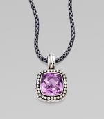 From the Moonlight Ice Collection. A beautiful amethyst stone surrounded by pavé diamonds. Amethyst Diamonds, 0.45 tcw Blackened sterling silver Size, about ½L X ½ W Imported Please note: Chain sold separately. 