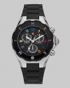 A sleek black dial is dotted with colorful hour markers for a distinctive timepiece.Swiss quartz movement Water resistant to 5 ATM Logo bezel Round stainless steel case, 40mm, (1.49) K1 mineral crystal Black chronograph dial Numeral hour markers Second hand Silicone strap Imported 