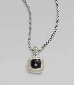 From the Petite Albion Collection. A sparkling, faceted black onyx cushion-cut square, surrounded by pavé diamonds on a chain of sterling silver. Diamonds, 0.20 tcw Black onyx Sterling silver Chain length, about 16 Pendant width, about ¼ Lobster clasp Imported