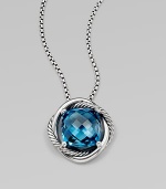 From the Infinity Collection. A beautiful, faceted blue topaz stone set in sleek sterling silver on a box link chain. Blue topazSterling sterlingLength, about 18Pendant size, about .55Lobster clasp closureImported 