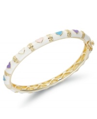 The perfect gift for your little sweetheart. This 18k gold over sterling silver bangle features white and multicolored enamel hearts. Bracelet secures with a hinge clasp. Approximate diameter: 2 inches.