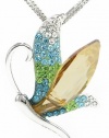 Stylized Dragonfly Swarovski Elements Crystal Pendant Necklace W 18k White Gold Plated Double Chain (Green and Blue)