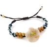 Aqua Sky Blue Mix Knotted Band Brown Adjustable Bracelet With Citrus Colored Jade Stone Beads And Flower