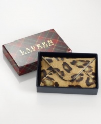 Get spotted with this posh leopard-print card case from Lauren Ralph Lauren. Luxe patent leather is elegantly adorned with signature detailing and accent stitching, for an exotic look with some bite. Presented in a signature gift box.