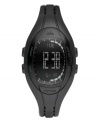 A watch that can keep up with your routine: the Lahar by adidas. Black polyurethane strap and oval plastic case. Negative display digital dial features gray digits displaying time, day, date, countdown timer, interval timer and 10-lap memory. Quartz movement. Water resistant to 100 meters. Two-year limited warranty.