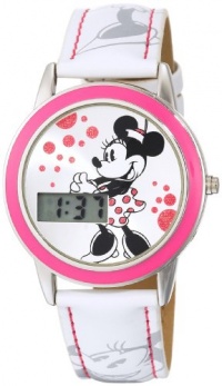 Disney Kids' MN1022 Minnie Mouse Digital Silver Sunray Dial White Strap Watch