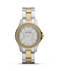 Two tones are better than one with this sporty watch from MICHAEL Michael Kors. Features like its Mother-of-Pearl dial and glitz accents make this piece a striking adding to your portfolio.