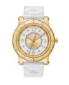 Regal design, worthy of your Royal Highness. HRH watch by Juicy Couture crafted of white silicone bracelet and round gold-plated stainless steel case with logo-etched bezel. White dial with inner textured gold tone dial crystallized with Swarovski elements features gold tone Roman numerals, minute track, luminous hands and iconic crown logo. Quartz movement. Water resistant to 30 meters. Two-year limited warranty.