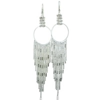 Glamorous Silver Tone Rhinestone and Beaded Fringe Dangle Fashion Circle Earrings, 5 Inches Long