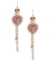 Show your heart's in the right place with this pair of multi-chain linear earrings from Betsey Johnson. Crafted from antique gold-tone mixed metal, the earrings feature glass pave crystal accents and glass pearls for a lustrous effect. Approximate drop: 4-3/4 inches.