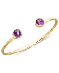 Rich jewel tones add an unexpected pop of color to this chic bangle. Studio Silver design highlights round-cut amethyst ends (4 ct. t.w.) in a sleek 18k gold over sterling silver setting. Approximate diameter: 2-1/2 inches.