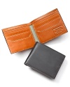 Leather wallet with embossed logo inside. Six card slots, two miscellaneous slots. One bill fold slot. Herringbone lined.