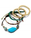 Diversify your look. Bar III's five bracelet set combines a unique mix of gold plastic beads, woven suede, braided fabric, and assorted plastic stones for a truly bohemian mix. Approximate diameter: 2 inches to 2-1/4 inches.