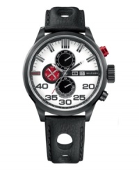 Edgy design and precise time. Watch by Tommy Hilfiger crafted of black cut-out leather strap and round black ion-plated stainless steel case. Layered white dial features applied stick indices, minute track, date window at three o'clock, three multifunctional subdials, luminous hands, logo and red accents. Quartz movement. Water resistant to 50 meters. Ten-year limited warranty.