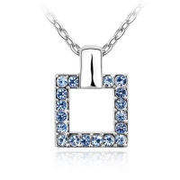 18K Gold Plated Genuine Square Aqua Blue Austrian Crystal Pendant Necklace, Free 18 Chain