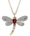 Set your heart aflutter with Victoria Townsend's vibrant dragonfly pendant. Crafted in 18k gold over sterling silver, its wings are rhodium plated, while garnet (5/8 ct. t.w.) and accents in blue topaz, citrine, amethyst and peridot adorn the body. Approximate length: 18 inches. Approximate drop: 1 inch.