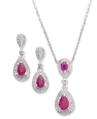 The perfect match. Sweet crimson rubies (1-1/5 ct. t.w.) and sparkling diamonds (1/10 ct. t.w.) adorn this beautiful earrings and pendant set. Crafted in sterling silver. Approximate length: 18 inches. Approximate drop: 1 inch. Approximate earring drop: 3/4 inch.