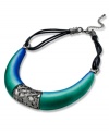 Blending materials works wonders for Style&co. This large statement necklace features teal hues and is crafted from hematite tone mixed metal. Features a leather strap and striking accent at the center. Approximate length: 17 inches + 3-inch extender. Approximate drop: 4 inches. Approximate width: 4 inches.