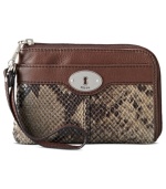 Wildly practical. Fossil brings a touch of the exotic to the everyday with this python-embossed leather design, featuring signature detailing and convenient wristlet strap. Slip it in your handbag or wear it on its own, for an exotic way to stay organized.