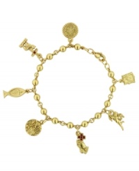 Celebrate your faith with just the right amount of charm. This stylishly symbolic bracelet by Vatican features a multitude of religious-themed charms including: an Ichthys, The Vatican Library Collection circle, a bible, angels, folded hands and cross, and a lamb and cross. Bracelet crafted in gold tone mixed metal with red crystal accents. Approximate length: 7 inches.