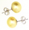 FREE COMFORT DISC. Sterling Silver Golden Cultured Freshwater Button Pearl Stud Earrings. 8.5-9mm Size. Ear Backs Included.