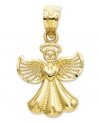 Fanciful filigree. This beautiful angel charm will watch over and protect with its cute heart accent. Crafted in 14k gold. Approximate length: 8/10 inch. Approximate width: 4/10 inch.