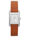 This stainless steel watch runs north/south, placed upon a rich leather strap, by Michael Kors.